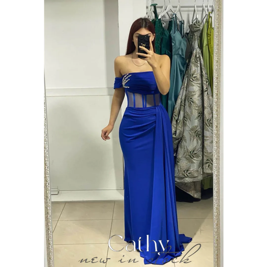 

Cathy Royal Blue Prom Dresses Off the Shoulder Satin Mermaid فساتين السهرة Elegant Floor-length Long Shawl Vestidos De Noche