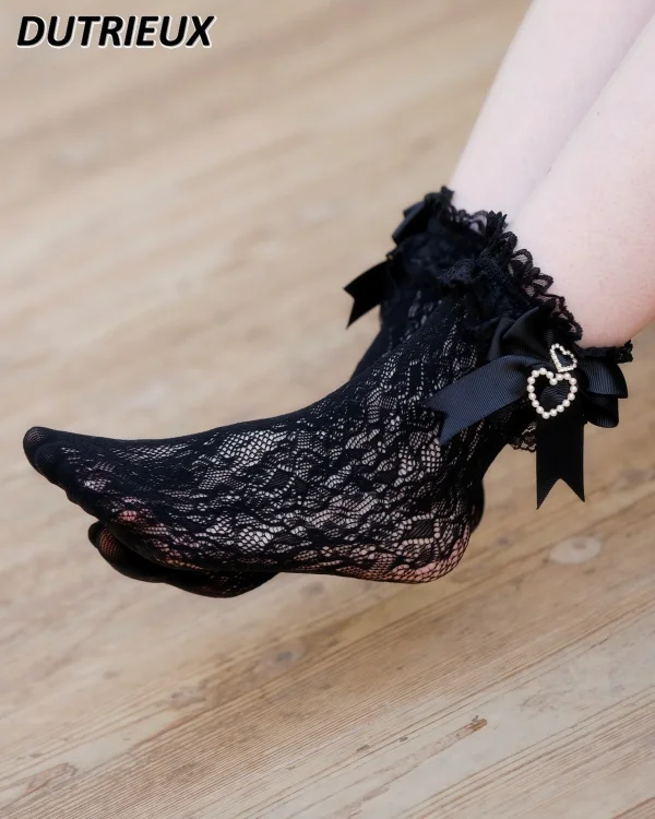 Handmade Sweet Lolita Socks Female Sweet Bow Pearl Heart Pendant Lace Tube Socks for Women Japanese Short Kawaii Girls