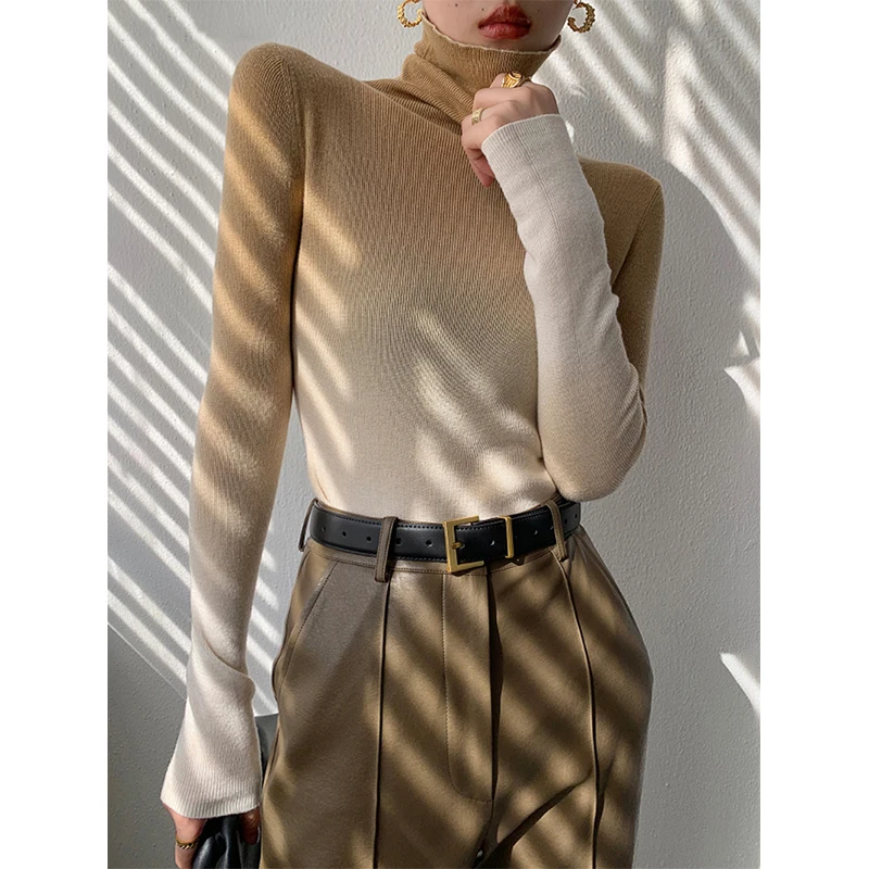 

Винтажный свитер MEXZT с высоким воротником, женские вязаные пуловеры с градиентом, корейский элегантный облегающий вязаный свитер, зимние шикарные Джемперы в стиле пэчворк, Новинка