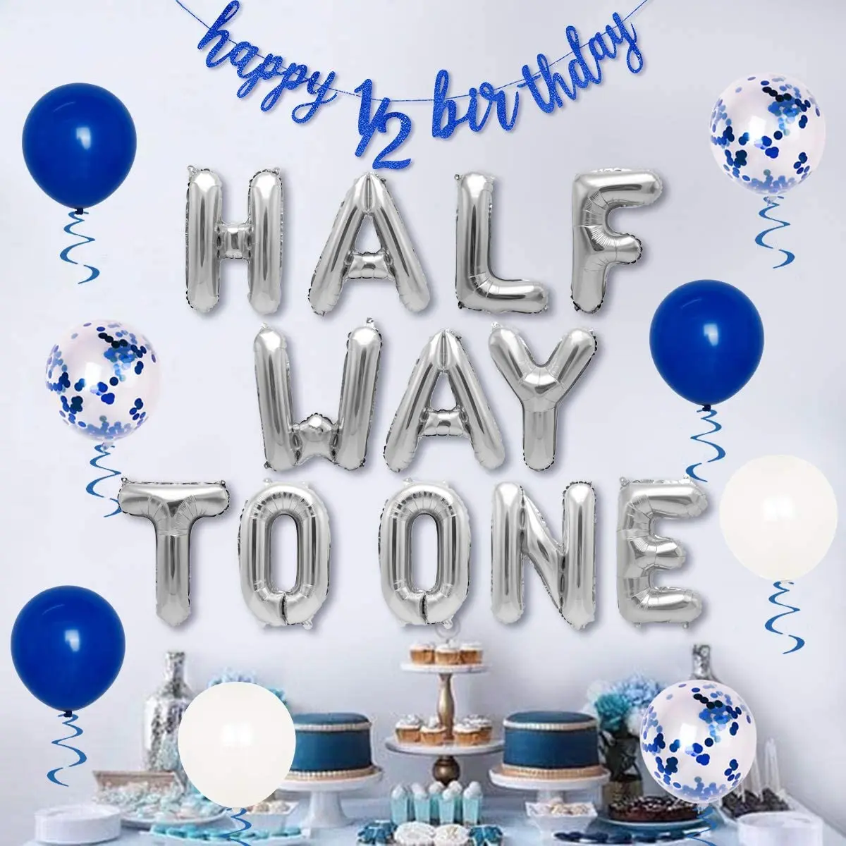 1/2 bleu gâteau topper moitié anniversaire bannière couronne pour bébé  garçon 6 mois heureux 1/2 moitié fête d'anniversaire fournitures  décorations