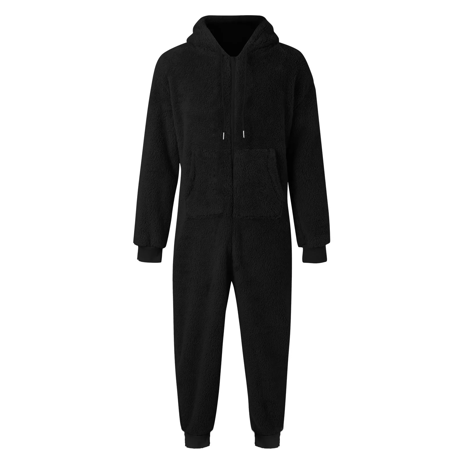 Winter Men Artificial Wool Jumpsuit Pajamas Solid Color Zipper Loose Hooded Onesie Fleece Warm Men Drawstring Bodysuit Sleepwear