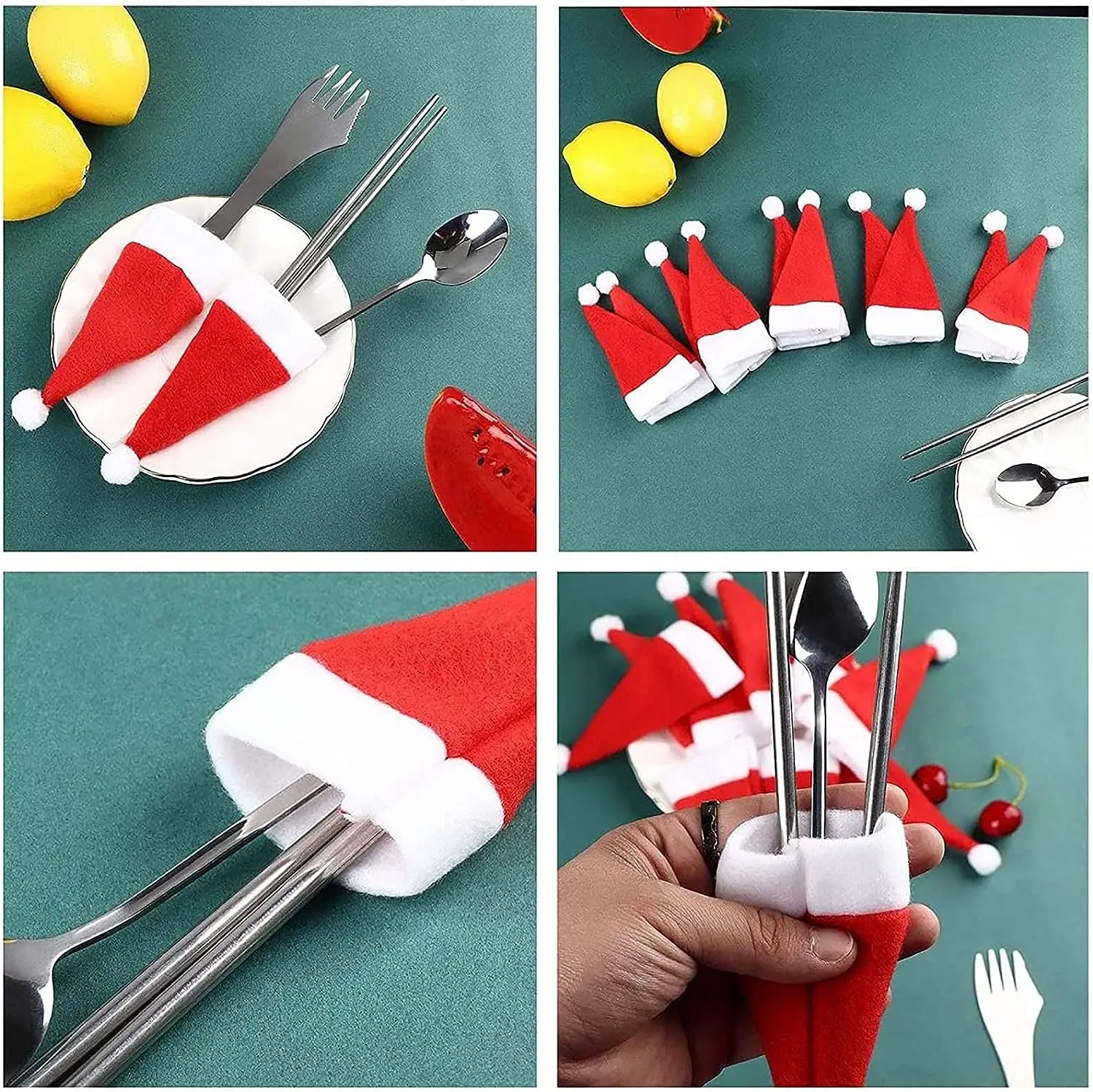 Christmas Cutlery Bag Mini Santa Hats Wine Bottle Caps Knives Forks Pocket Cover Silverware Holder Table Dinnerware Decorations