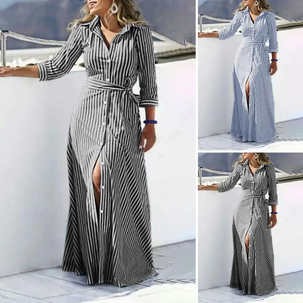 Women's Cardigan Dress Cotton Linen Striped 3/4 Sleeve with Belt Casual Stylish Single Breasted Design Dress Lady Supply