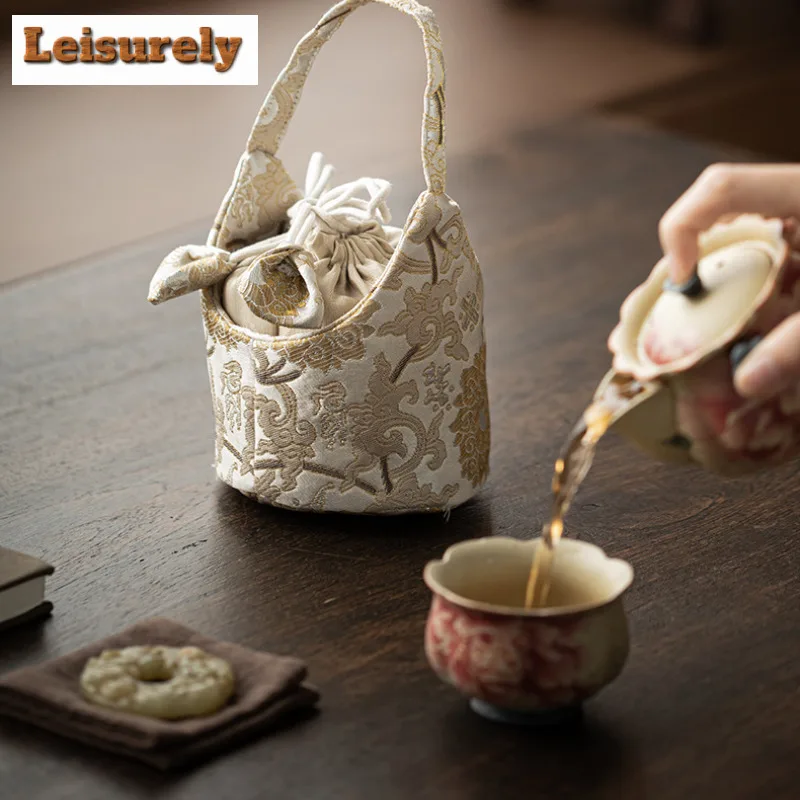 Chinese Brocade Drawstring Tea Cozies Japanese Tea Cozy for Teapot Portable Bag Travel Tea Set Bag Chinese Tea Set Accessories