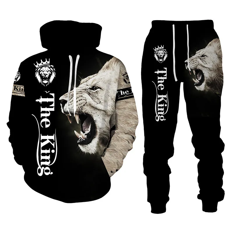 Men's Tracksuit Hooded Set 3D The Lion King Printed Long Sleeve Hoodie+Trousers Suit Casual Sweashirt Pullover Male Clothing