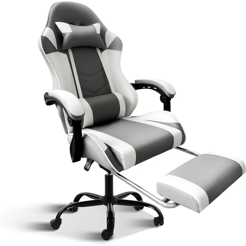 

Белый игровой стул YSSOA с подставкой для ног, большой и высокий игровой стул, регулируемое вращающееся офисное кресло В гоночном стиле