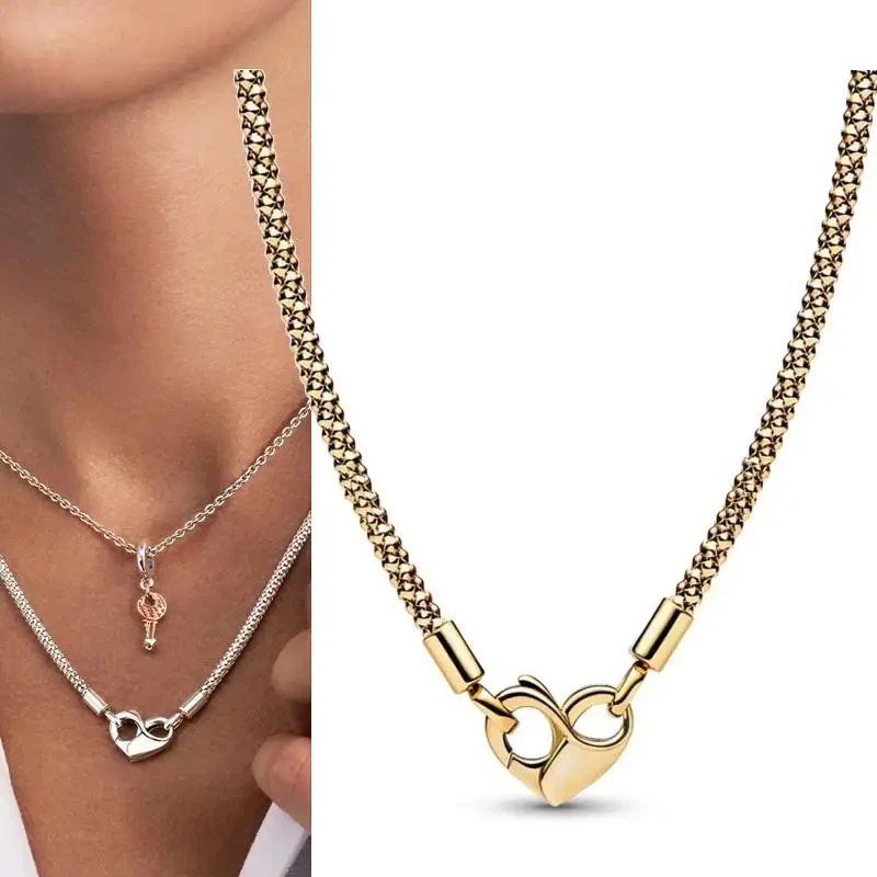 Original Logo Women's Necklace Pav é Dense Set Two tone Stacked Studded Necklace% 925 Sterling Silver DIY Charm Jewelry Gift