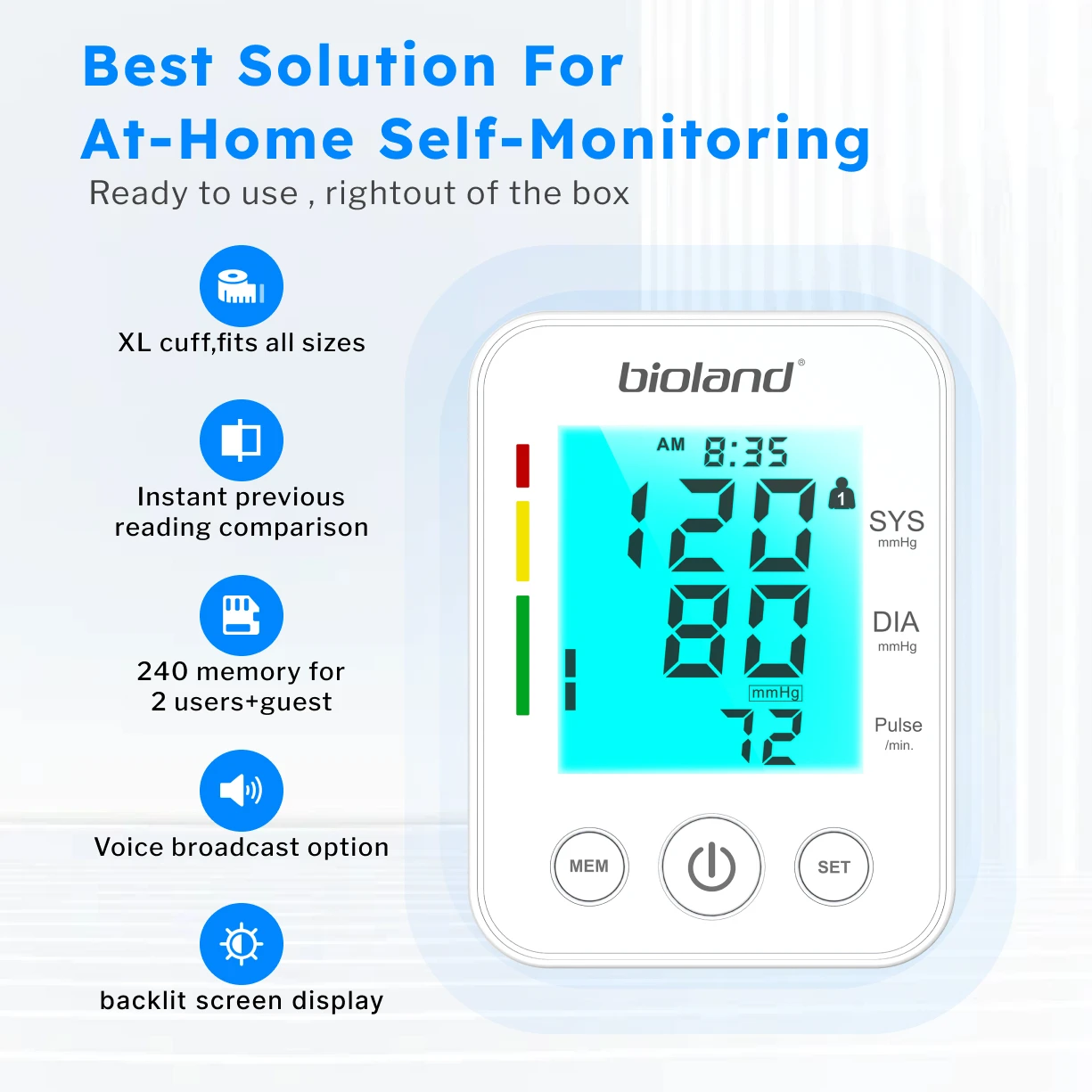 BIOLAND 2008 Blood Pressure Monitor Tensiometer Upper Arm Automatic Digital BP Machine Heart Rate Monitor Backlight Blood Press 5