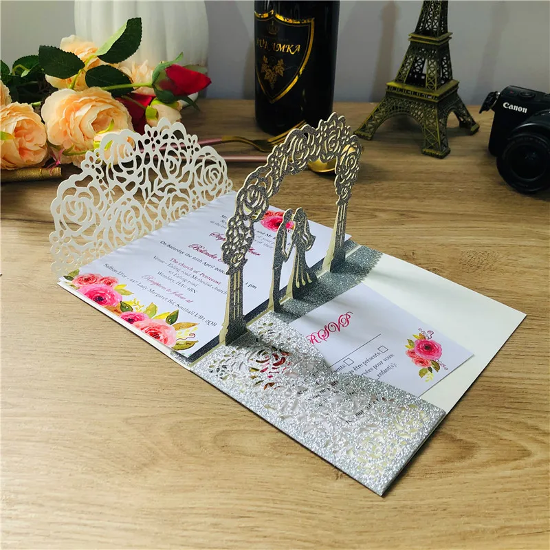 Wedding Invitations Card 1set Laser Cut Bride And Groom Wedding Invitations Card 3D Tri-Fold Diamond Ring Greeting Card Wedding Party Favor Supplies