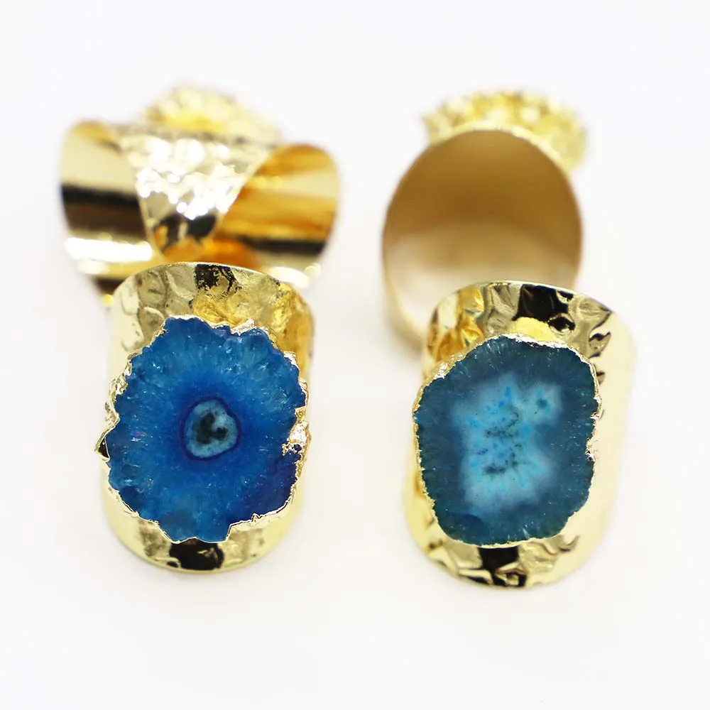 

Sun Stone Lake Blue Sunflower Agates Adjustable Gold Color Open Finger Rings Druzy Quartz Irregualr Jewelry Wholesale Gift 4Pcs