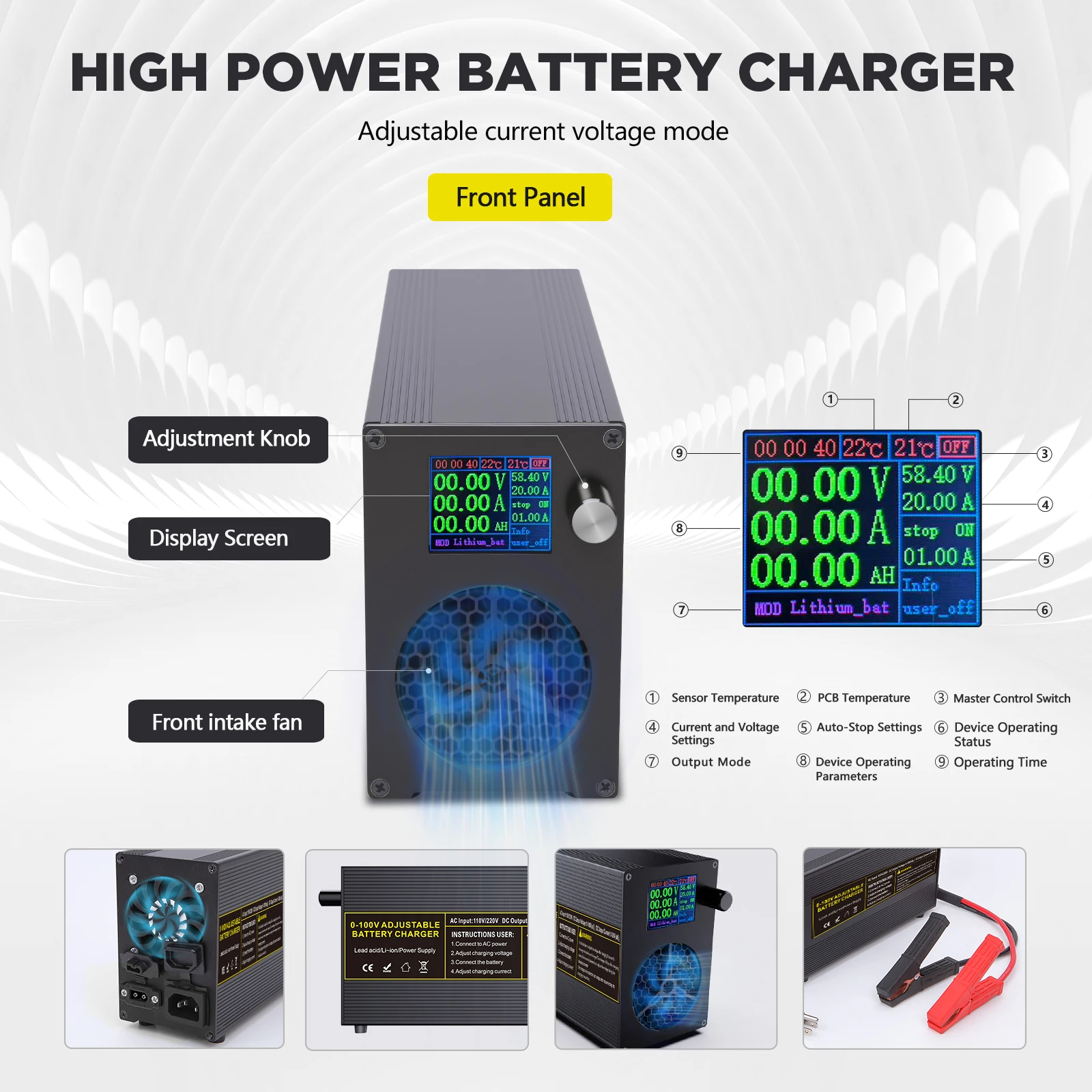 12V24V48v72v84v100V LifePO4 충전기 20A40A 고속 배터리 충전기 LifePO4에 적합한 조절 가능한 고출력 어댑터