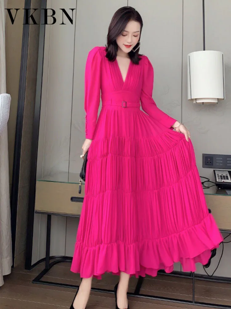 

VKBN Summer Maxi Dresses for Women Casual Full Sleeve Belt V-Neck Rose Red Pullover Party Dress Elegant