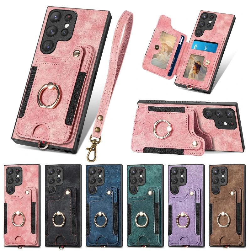 Premium PU Leather Card Holder Phone Case - Shockproof with Ring Grip