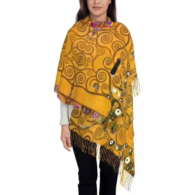 

Tree Of Life By Gustav Klimt Scarf Wrap Women Long Winter Fall Warm Tassel Shawl Unisex Painting Art Scarves
