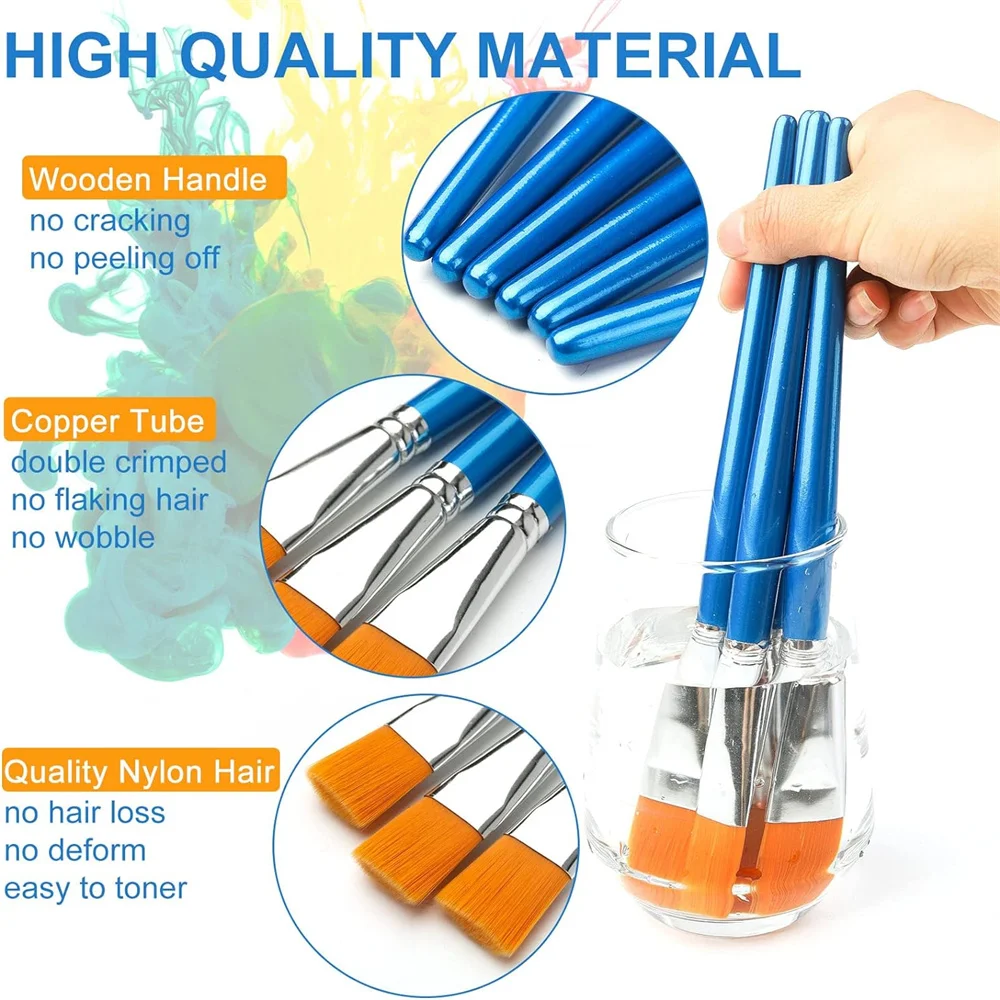 10pcs Premium Synthetic Nylon Flat Paint Brushes, 3/ 4 Inch - Ideal for Watercolor, Acrylics, Oil Painting, Fine Crafts & Body 3