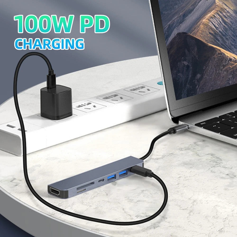 Hub USB-C 7 en 1 HDMI 4K PD 100W Lector SD Multipuerto