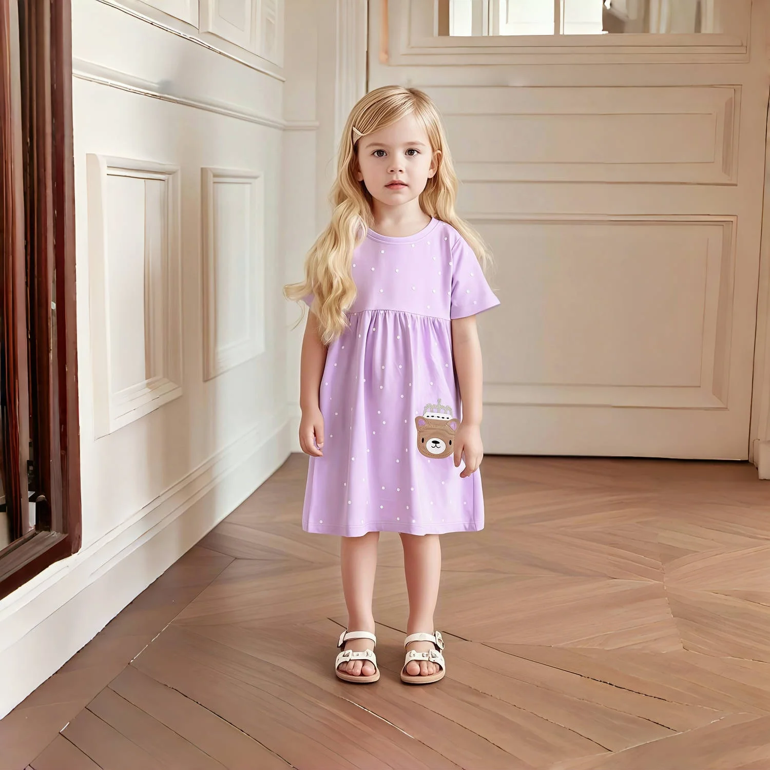 Summer Purple Kids Baby Girls Clothes Short Sleeves Dresses Cartoon Bear Children's Clothing Vestidos Cotton