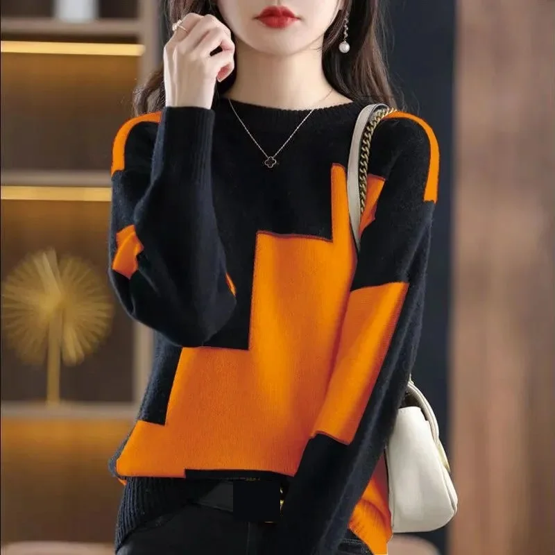 Sweater Women New O-Neck Color Matching Short Warm Pullover Long Sleeved Knitted Sweater Bottom Shirt Female Tops Women Clothing