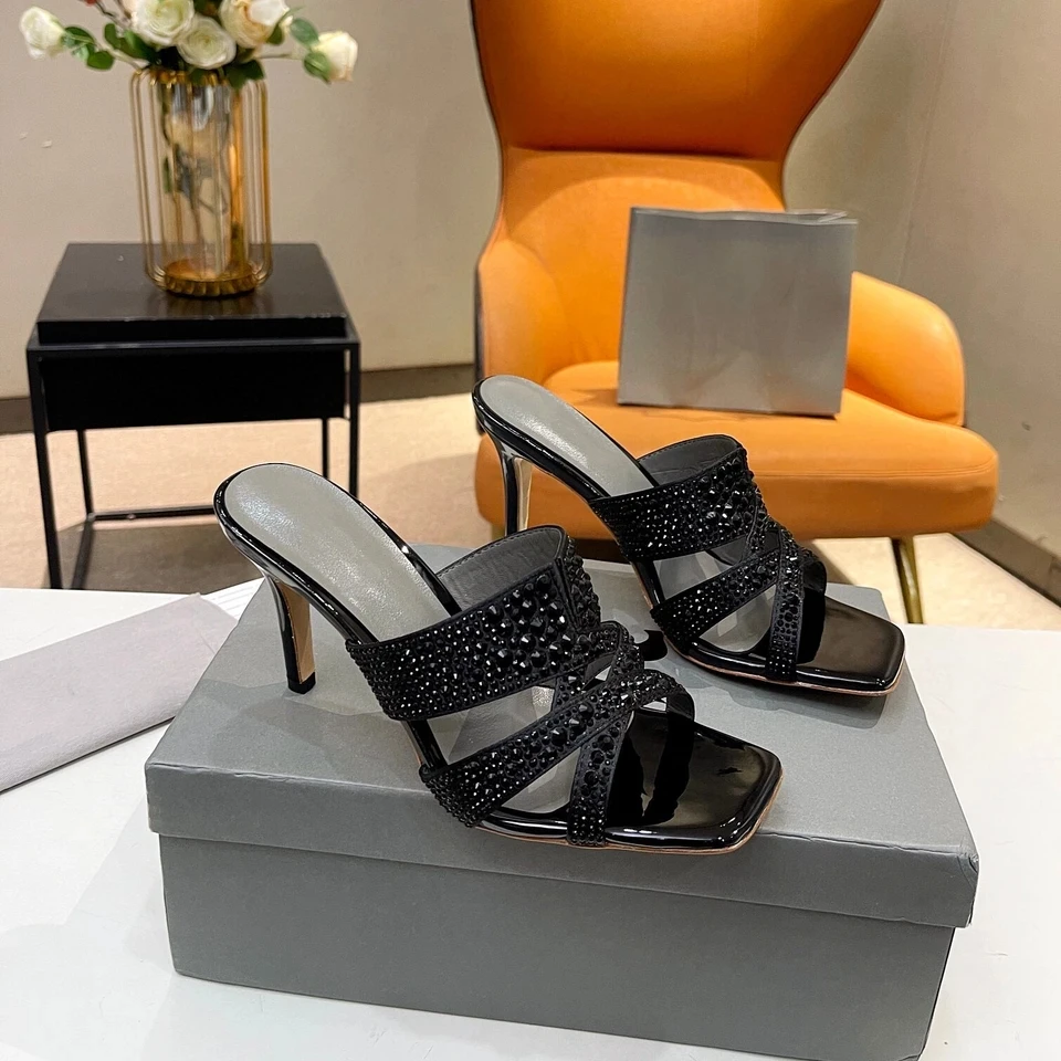 

8.5cm Heels Shoes For Women Size 35-42 Crystal Slippers Sexy Party Dress Shoes Super High Heels Designer Slides Zapatillas Mujer
