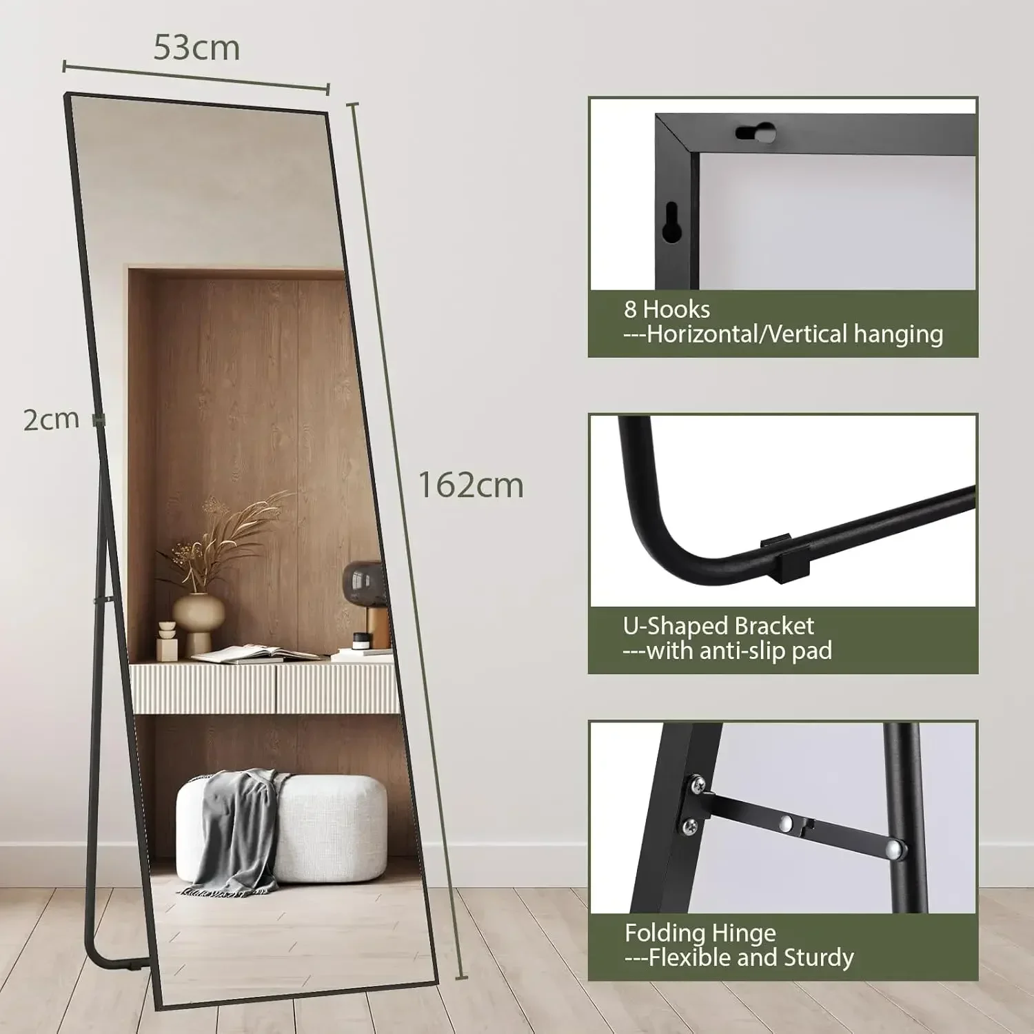 Specchio A Figura Intera 162x53 Cm - Alluminio Sottile, Da Terra O Da Parete Per Camera Da Letto E Soggiorno