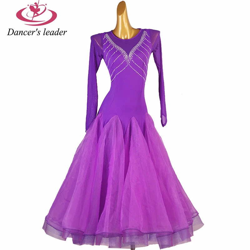 

Высококачественное вечернее платье для современных танцев на заказ, большая юбка с длинным рукавом и сеткой со стразами, профессиональное платье для вальса, танго, сцены