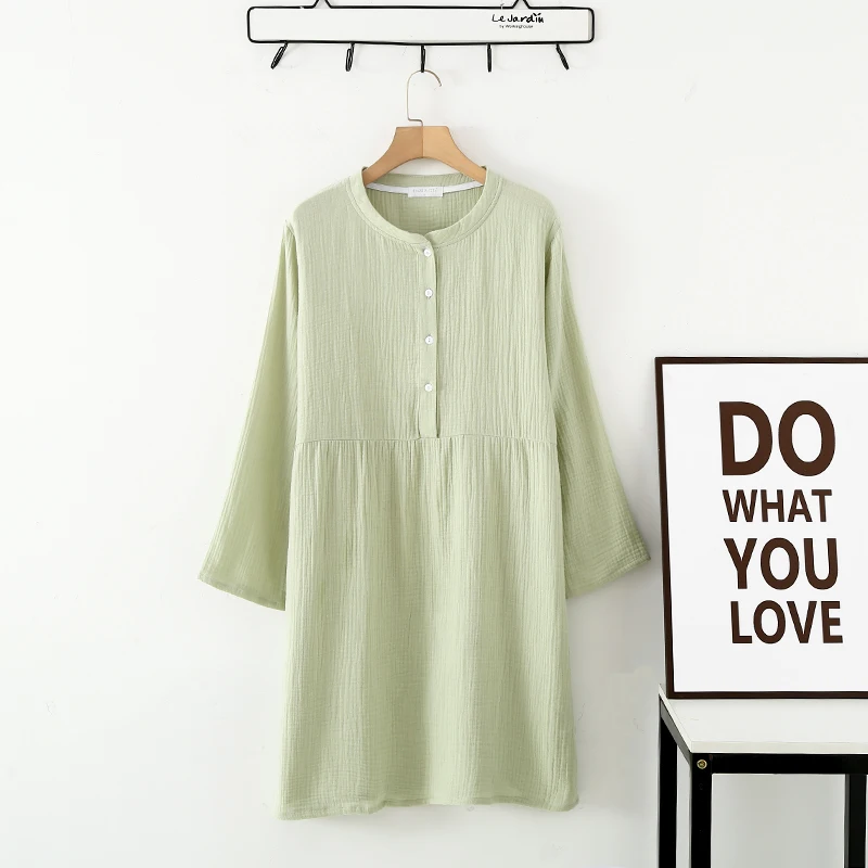 

Spring and Autumn Women's Long Sleeve Nightdress 100%Cotton Crepe Round Neck Button Solid Color Dress Home Dress Nightgown Dress