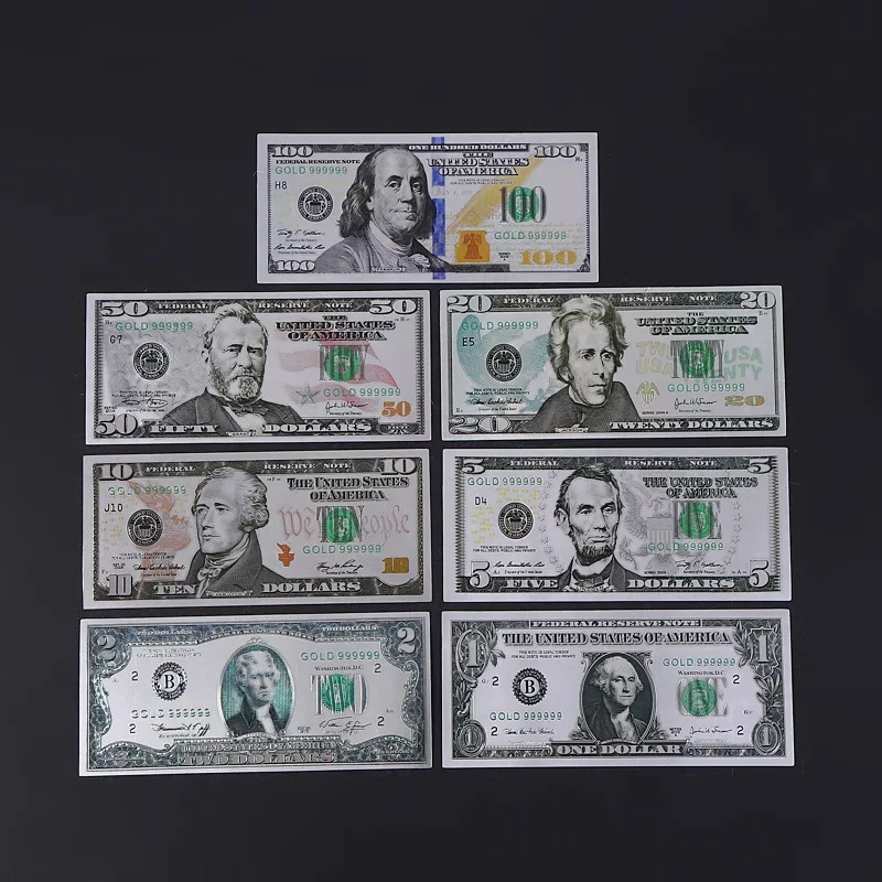 7pcs Silver Dollars Banknotes Plastic Commemorative Notes Dollar Bills Fake Money 1 2 5 10 20 50 100 Dollars commemorative banknotes,fake money prop toy