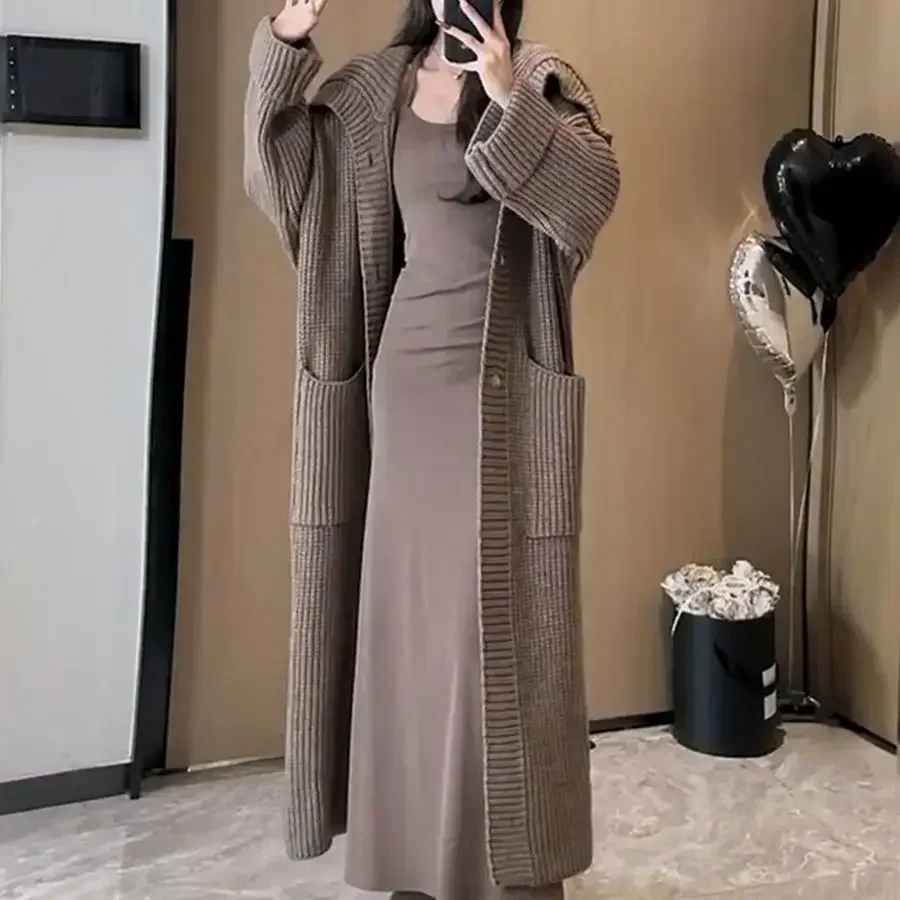 

Korean Women Knitted Long Coats Turn Down Collar Loose Thick Sweaters Open Stitch Full Sleeve Splice Cardigan Autumn Winter