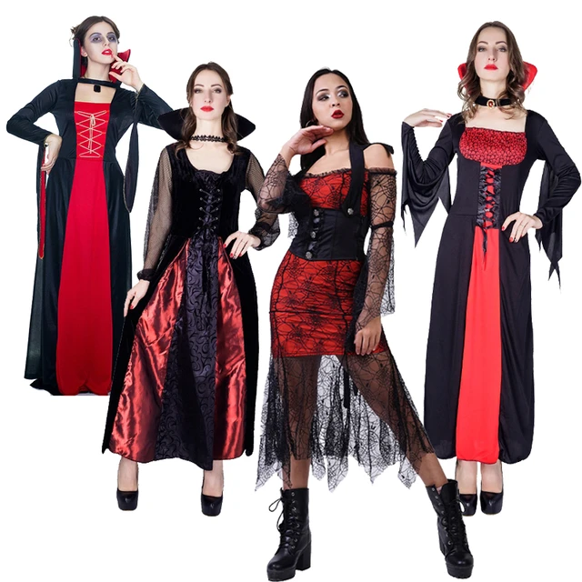 Vestido de vampiro preto e vermelho para meninas, Traje de