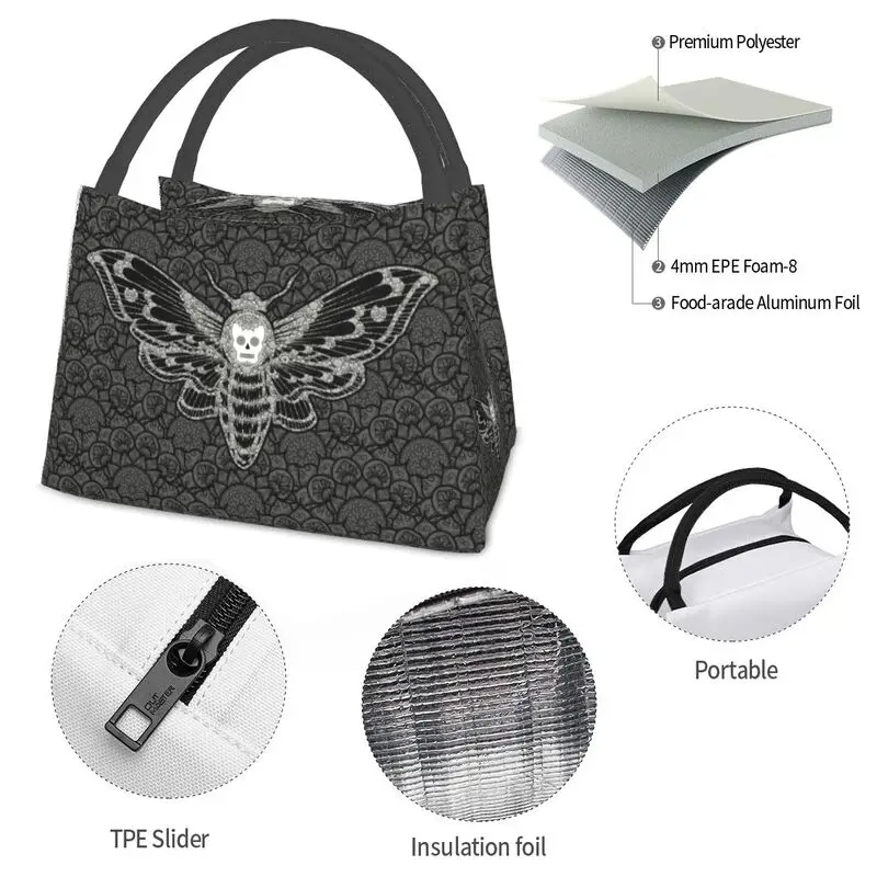 Gothic Death Moth Resuable Lunch Box Women Waterproof Cooler Thermal Food Insulated Occult Witchcraft Lunch Bag Picnic Bags