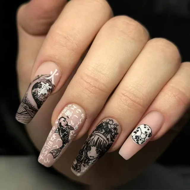 Sea Wave Carp Japanese Style Doodle False Nails: A Fashionable and Convenient Choice