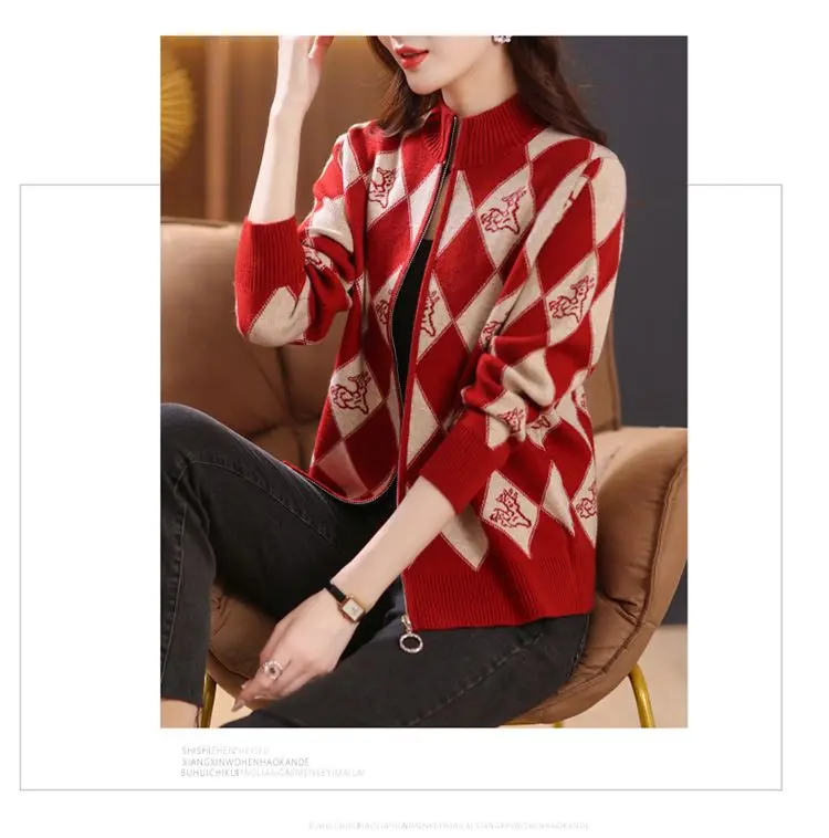 Women's Korean Vintage Plaid Sweaters Cardigan Autumn Winter Casual All-match Stand Collar Zipper Knitted Tops Female Clothing