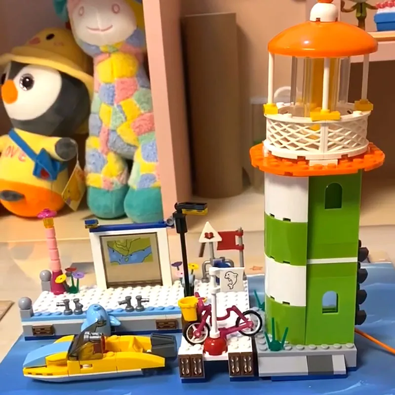 

Игрушка для детей, Розовая мечта, причал, маяк, лодка, яхта, док-док, Пляжная сцена, 3D модель, «сделай сам», мини-кубики, конструктор