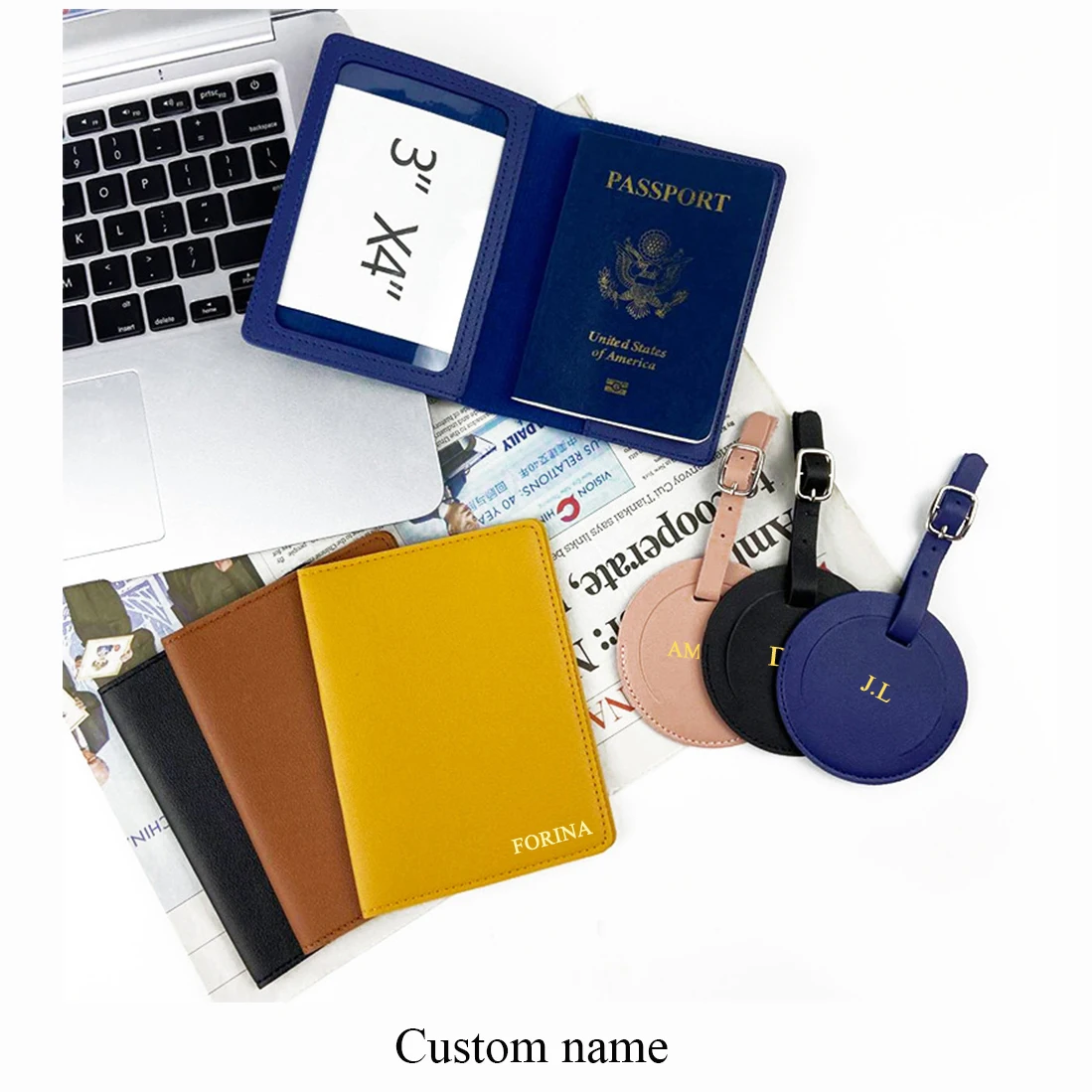 

Custom Name Gift Travel Passport Holder Luggage Tag Set Free Personalize Initials Round Suitcase Label Ticekt Passport Cover