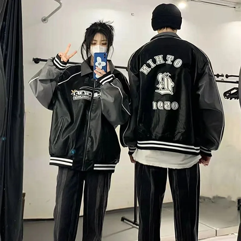 Retro Couple Wear Color Block Embroidery Baseball Jacket Men's and Women's Korean-Style Loose Motorcycle Clothing Leather Jacket new blue white color block contrast gradient retro wide leg women s jeans baggy y2k streetwear casual high waist denim pants