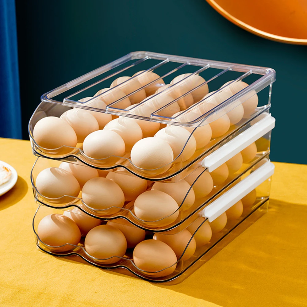 Egg Storage Box Large Capacity Egg Container Refrigerator 3 Layer Stackable  Egg Tray Automatic Rolling Egg Box for Kitchen