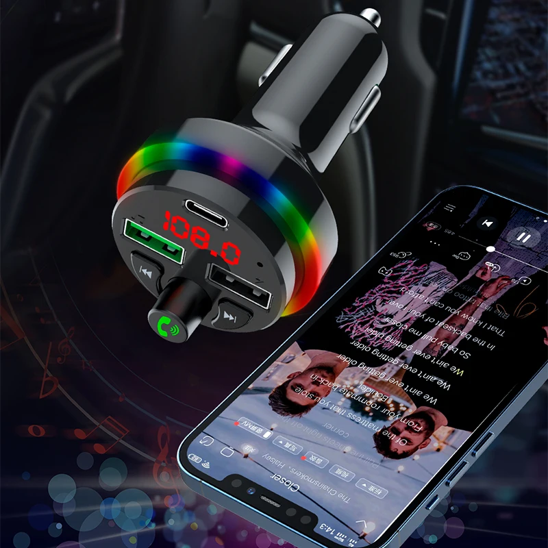 Upgrade Car Bluetooth Player FM Transmitter Music Receiver MP3 Fast Charger 12-24V Vehicle Mobile Phone Cigarette Light