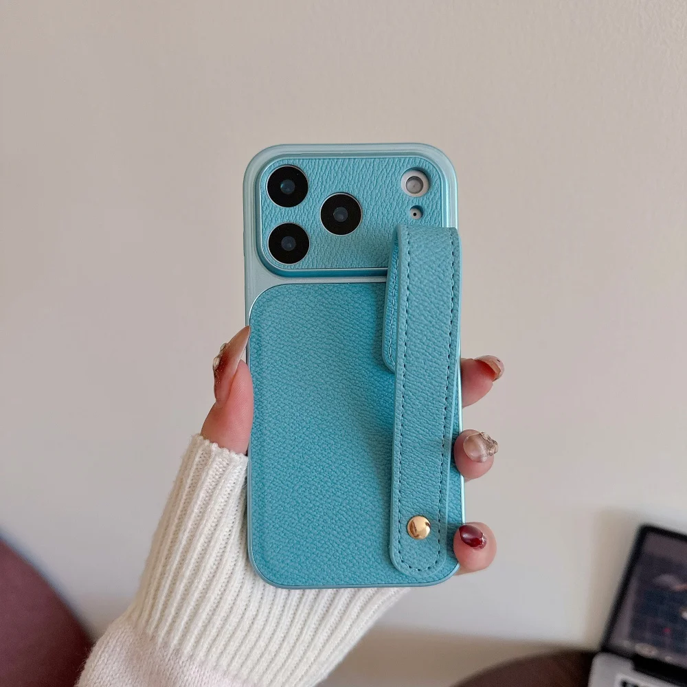 Matte PU Leather Wrist Strap Phone Case with Hand Band Holder and Shockproof Texture Cover