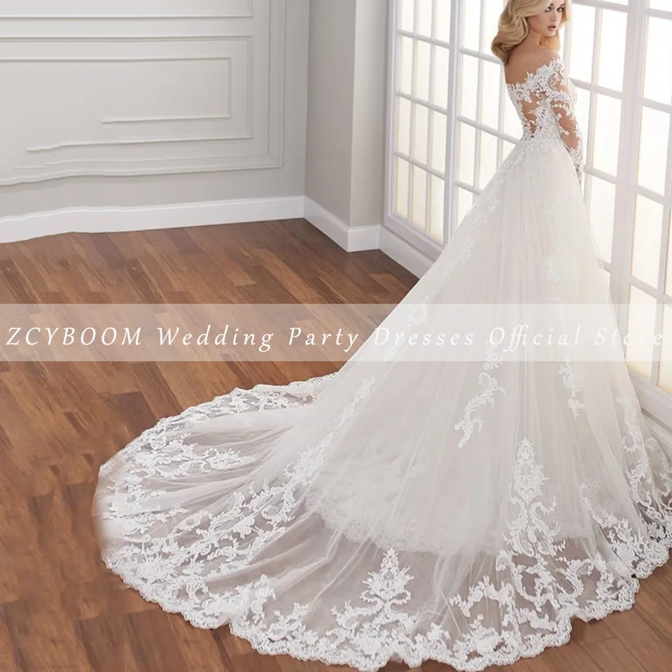 Customized O-Neck Appliques Crystal Long Sleeves Wedding Dress 2026 Mermaid Floor Length Detachable Sweep Train Bridal Gown