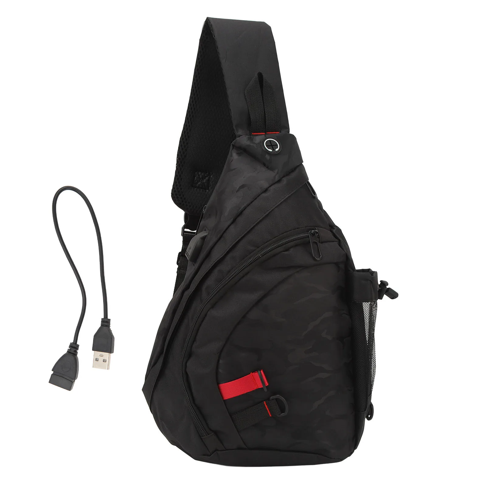Sling Shoulder Bag Sling Backpack Large Capacity Charging Port Front Hooks Camouflage Black with USB Extension Cable for Hiking