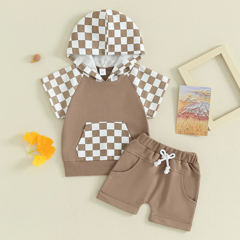 NewbornBabyBoysSummerClothingSetsPlaidPrintPatchworkShort