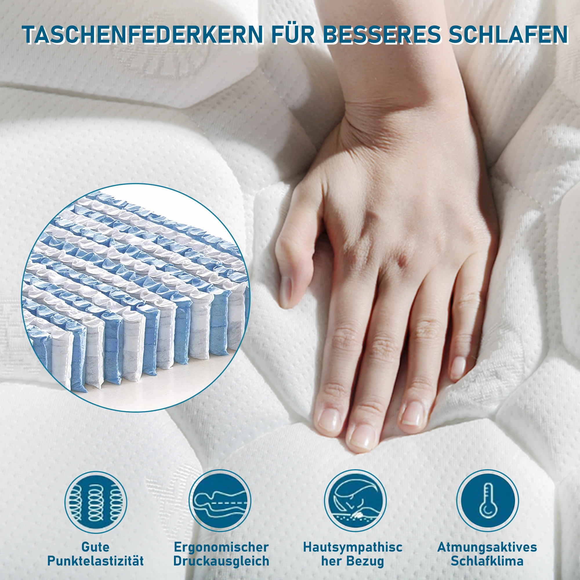 Gepolstertes Doppelbett 160x200cm mit USB-Ladefunktion, LED-Kopfteilbeleuchtung und 4 Aufbewahrungsschubladen. Beige, inklusive Matratze. – Detail 7