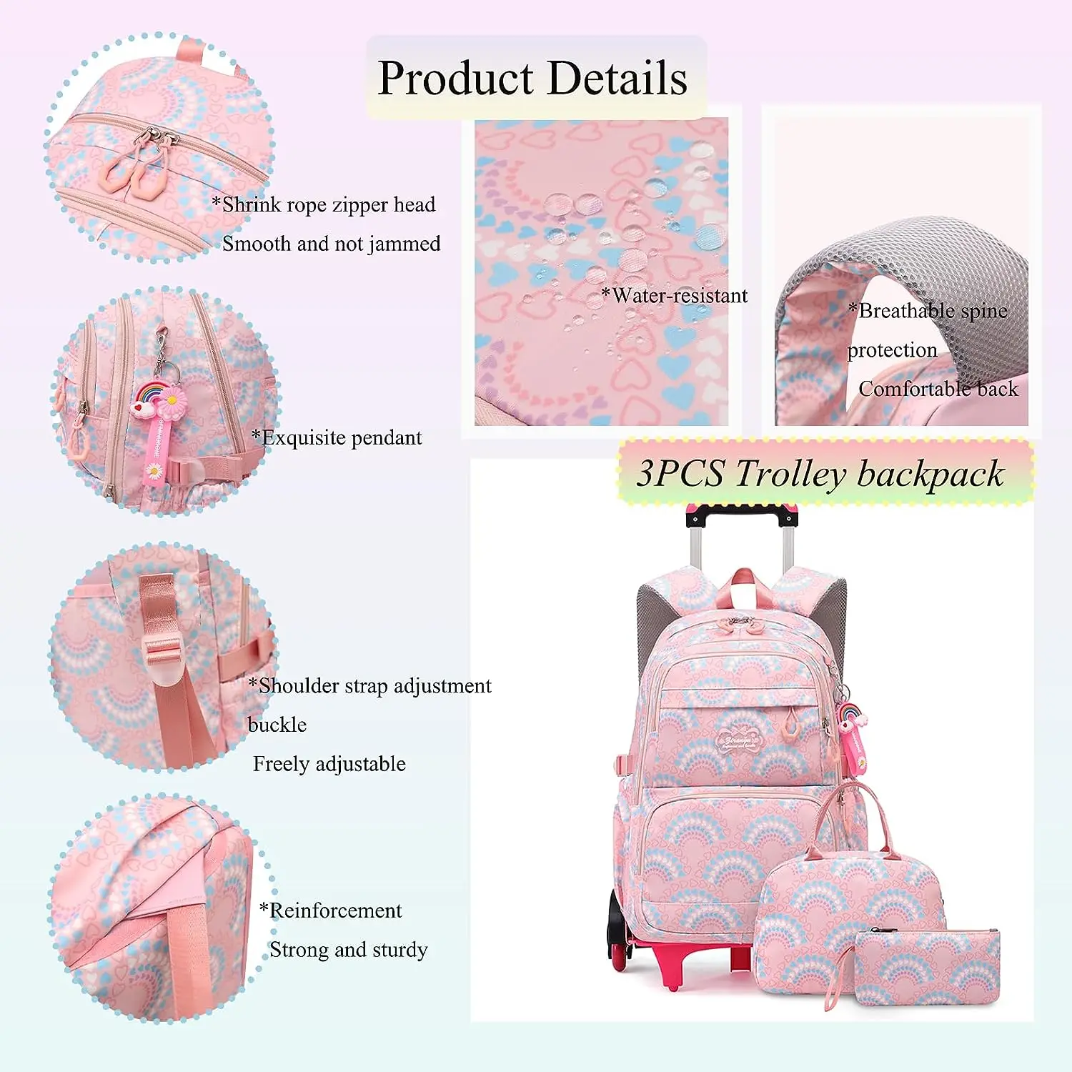 Rolling School Bags for Girls Backpack Children Waterproof School Backpacks with Wheels Middle School Trolley Luggage Back Pack 3