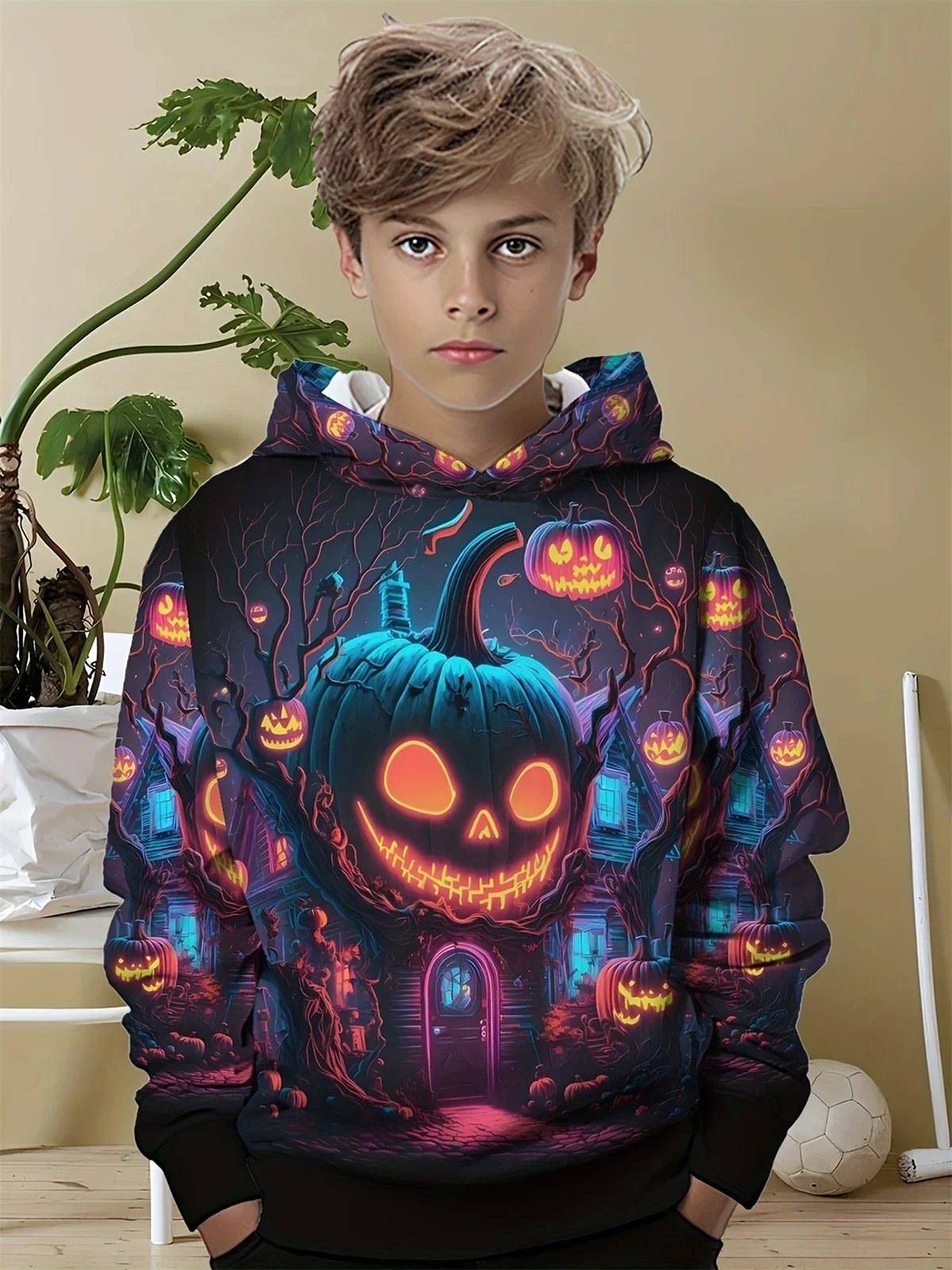 thumbnail image 1 of Ropa para niños, sudadera con capucha con estampado digital 3D de payaso aterrador de Halloween para niños, camisetas informales de poliéster de manga larga para primavera y otoño, ropa para niños, 1 of 5
