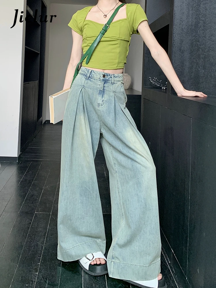 Jielur Autumn New American Vintage Jeans Woman High Waist Loose Slim Fashion Jeans Female Blue Street Chic Straight Women Jeans