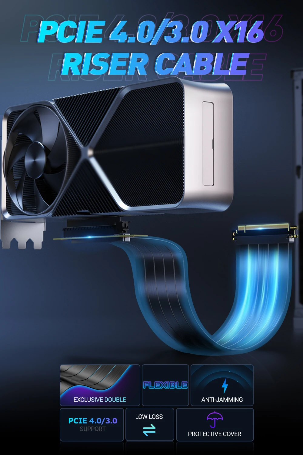 RAGEER PCIe 4.0/3.0 X16 Verlängerungskabel, Hochgeschwindigkeits-Riser-Kabel, GPU-Verlängerungs-Riser-Anschluss für RTX 4090/4080/4070/7900XTX – Detail 1
