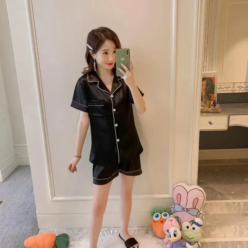 Spring Summer Women Pajamas Faux Silk Satin Pyjama Sets Short Sleeve Two Piece Sleepwear Top Pyjamas Set New Homewear 4XL 5XL