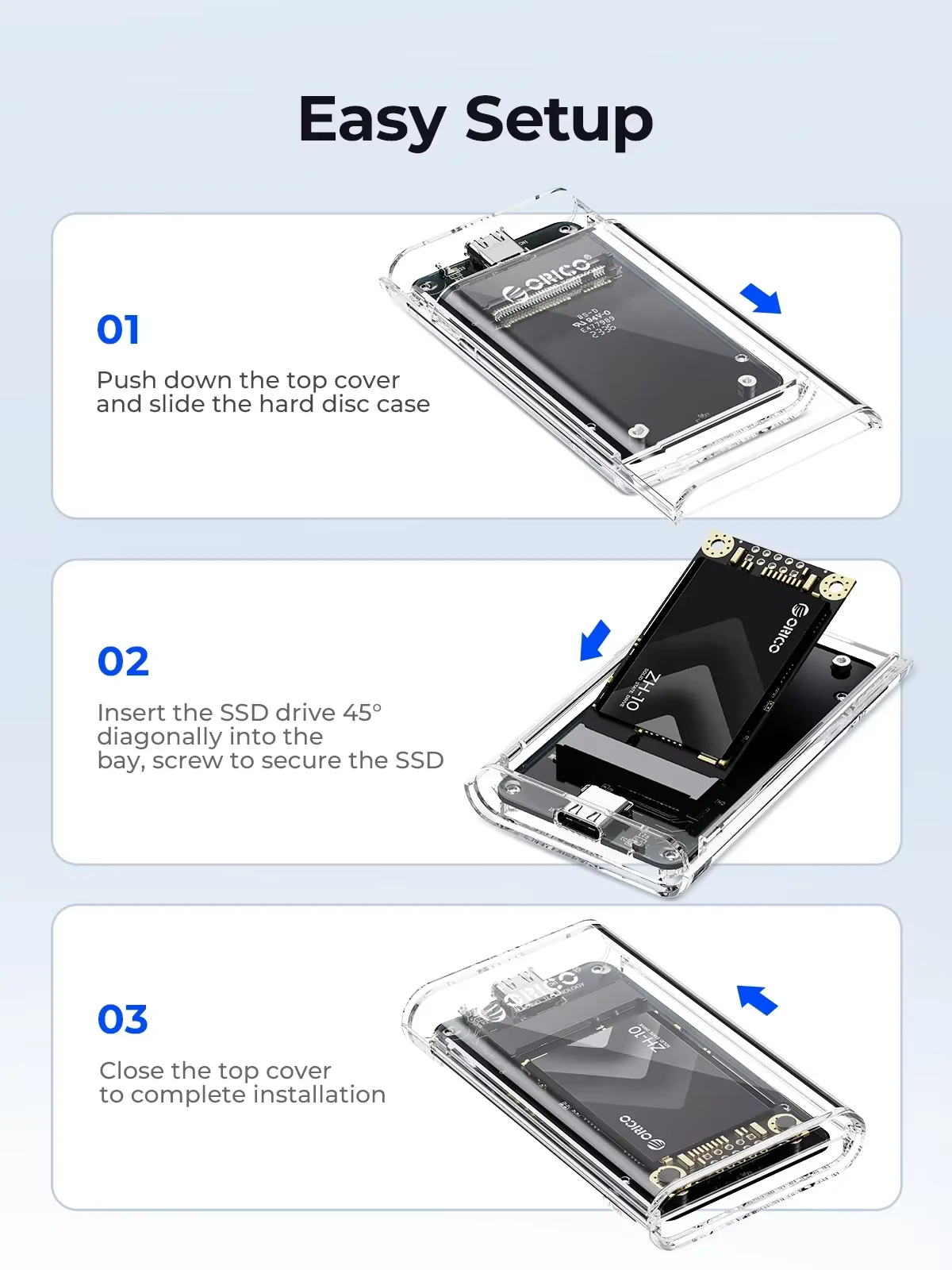 ORICO mSATA SSD 인클로저 USB C 3.2 Gen1 SSD 케이스 어댑터 5Gbps 투명 외장 어댑터 (mSATA NGFF SSD 박스 PC 노트북용)