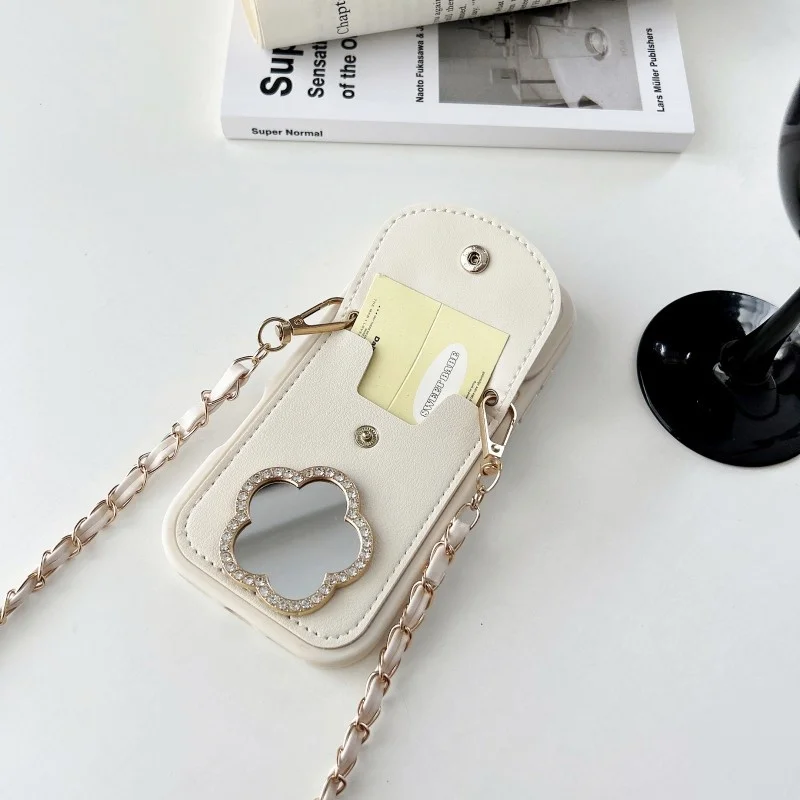 Elegant Mirror Wallet Case with Strap and Card Slot - Crossbody Flower Bag Cover