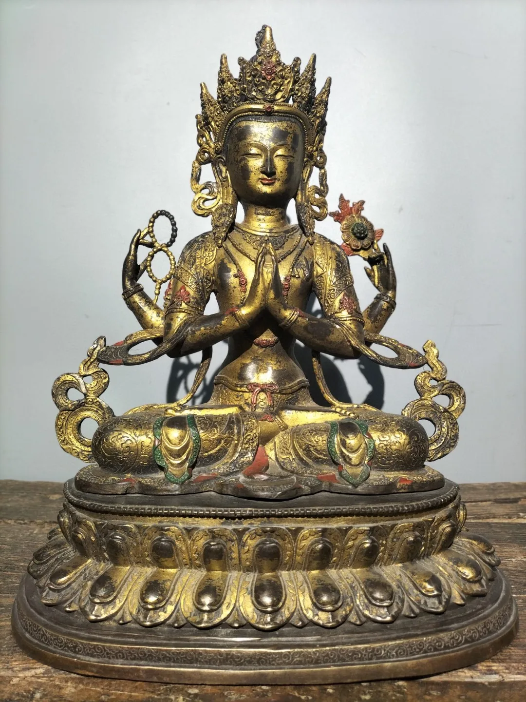 

17"Tibetan Temple Collection Old Purple Bronze Mosaic Gem Four-armed Guanyin Bodhisattva Lotus Platform Worship hall Town House